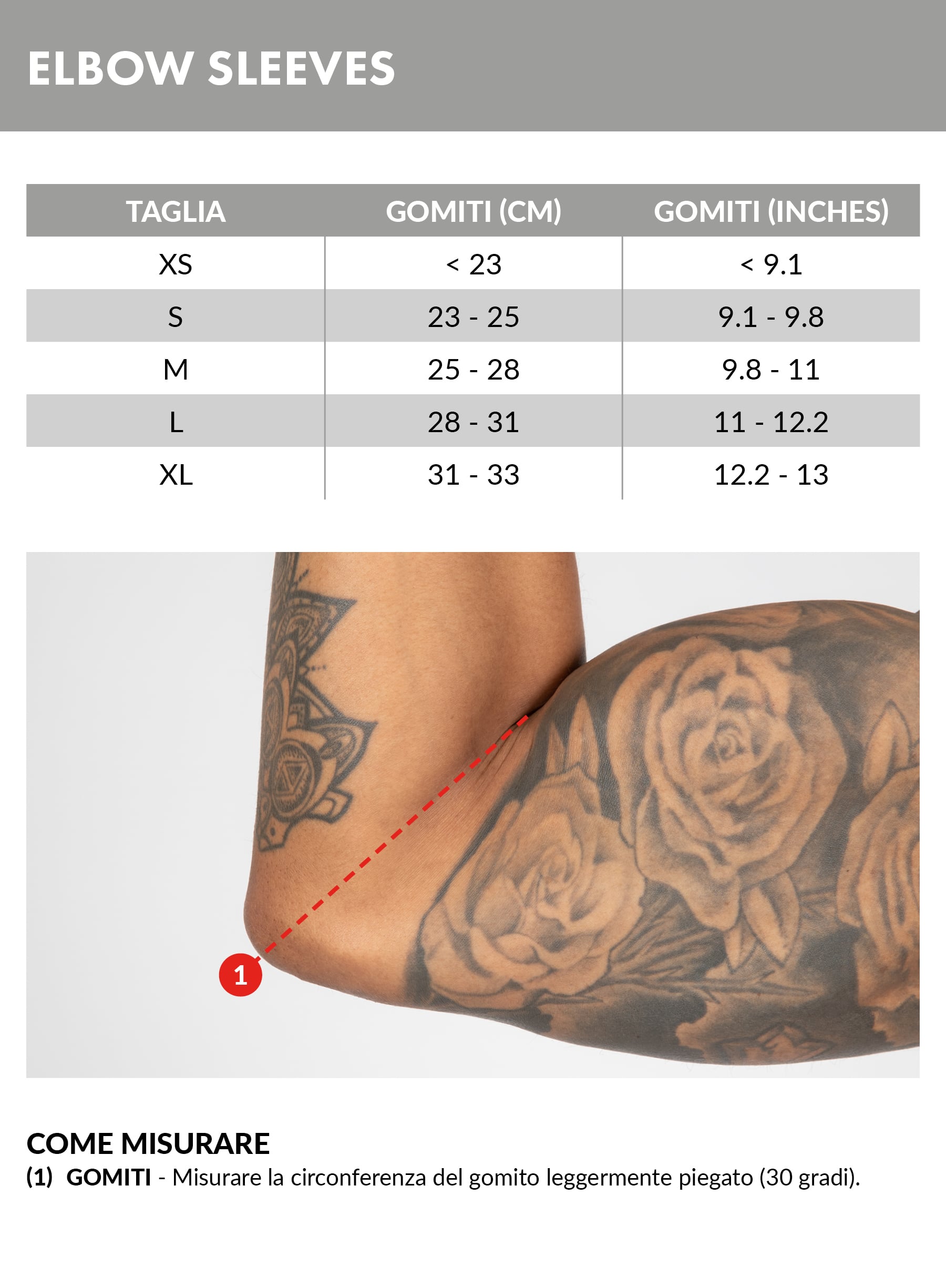 Tabella taglie manicotti gomiti Gorilla Wear